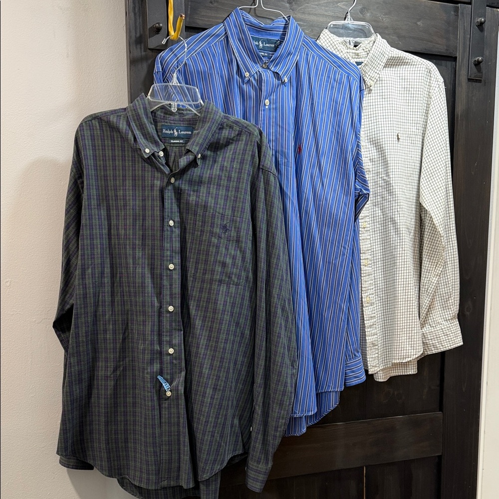 Ralph Lauren Men's Blue Stripe, Green Check, Brown/Cream Check Dress Shirts- 3